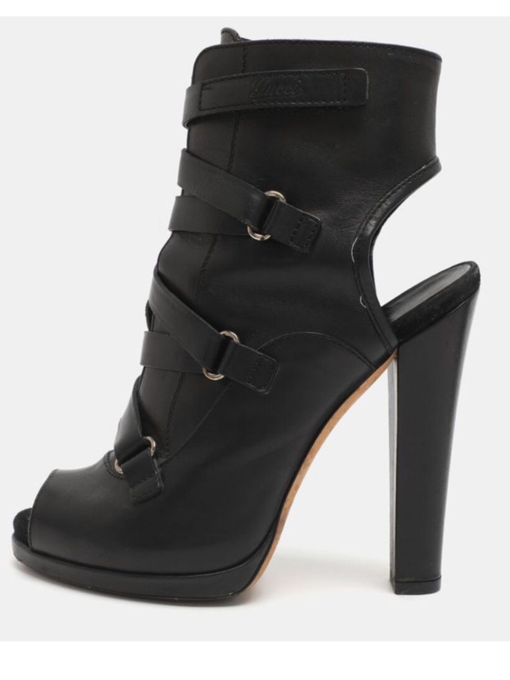 Gucci Cutout Size 37.5 Black Leather Peep Toe Booties Authentic